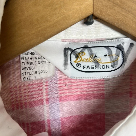 1970s Beeline Fashions Seersucker Plaid Cinched Sleeve Collard Button Uo Blouse - Picture 8 of 9